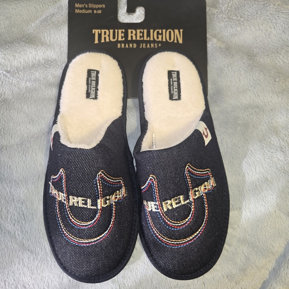 True Religion - Men's Size Medium 9/10 - Denim Slippers - Cozy Sherpa Lining New